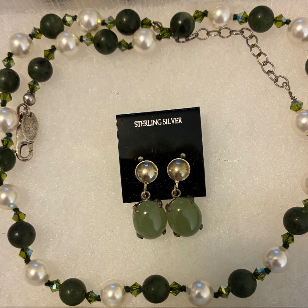 Necklace and Earrings, Jade and Pearls